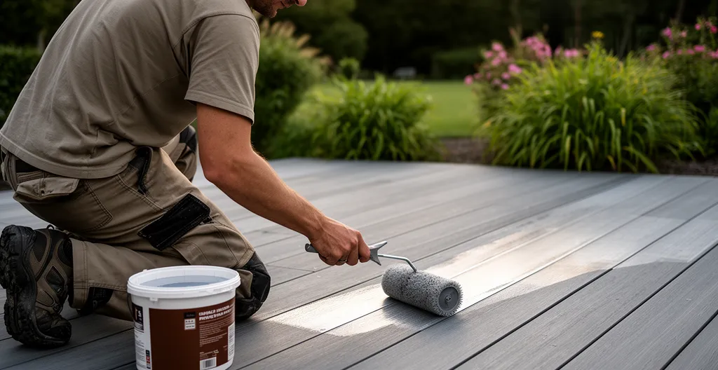 Artisan paysagiste appliquant saturateur sur lames terrasse bois avec rouleau