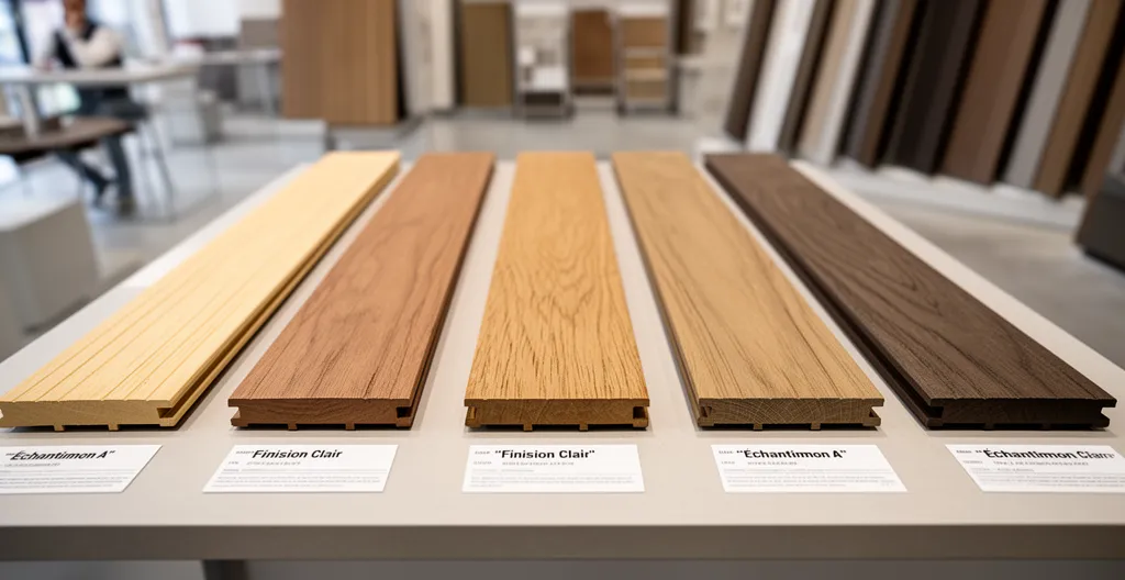 Cinq échantillons de lames bois terrasse alignés montrant différentes teintes du clair au foncé