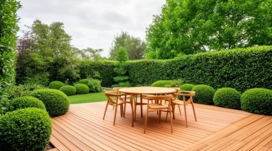 Terrasse bois contemporaine dans jardin arboré de maison individuelle en banlieue parisienne
