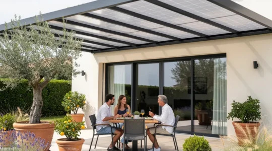 Auvent solaire moderne sur terrasse avec couple déjeunant à l'ombre