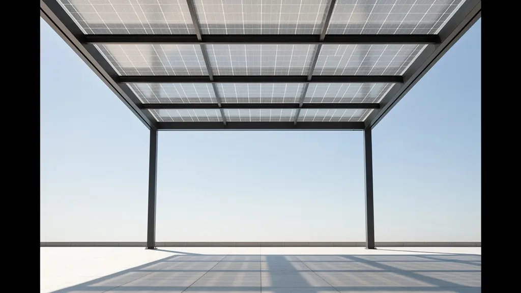 Vue de dessous d'un auvent solaire montrant les panneaux et l'ombre projetée