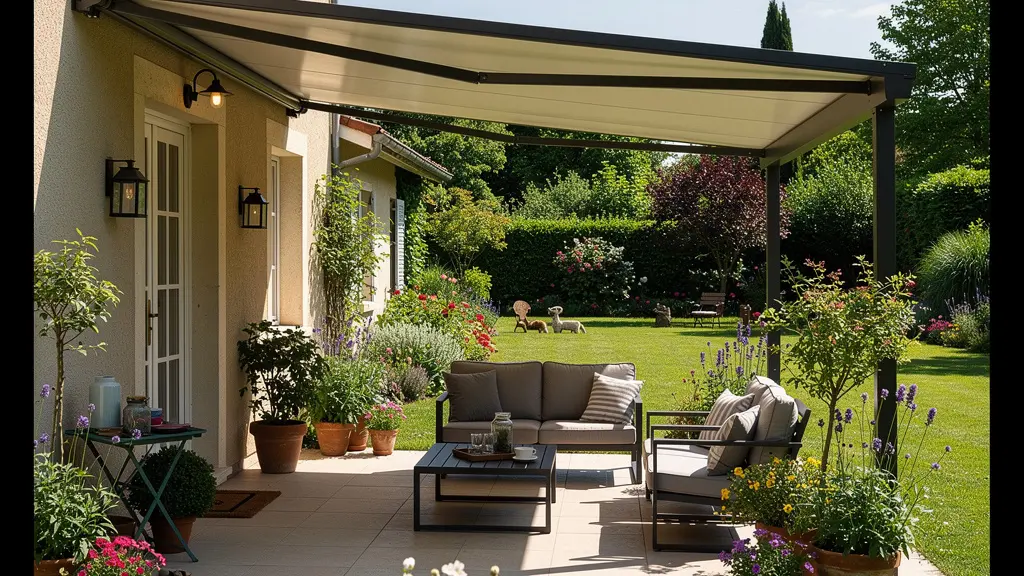 Terrasse résidentielle montrant le contraste entre zone ombragée et zone ensoleillée