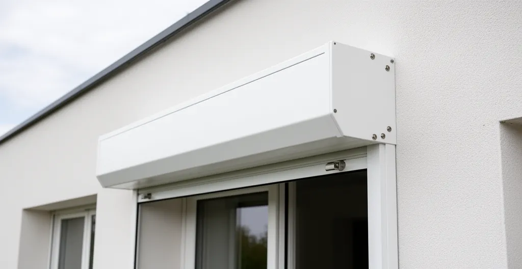 Coffre intégral de store banne en aluminium fermé sur façade de maison